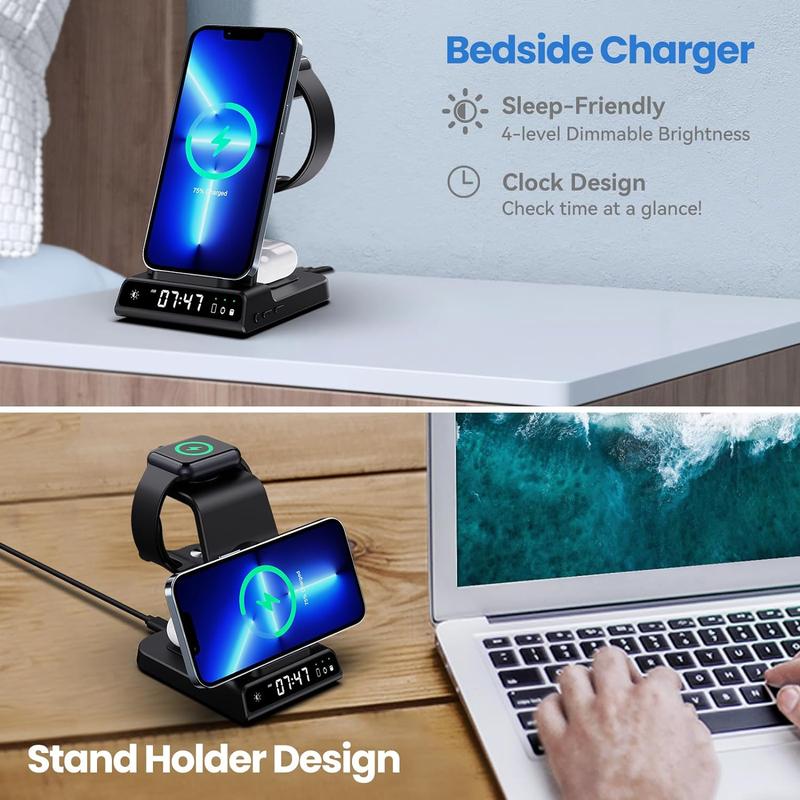 Wireless Charger, 3 in 1 Charging Station for Multiple Devices Apple with Digital Clock for iPhone 15 14 13 12 Pro Max XR AirP od Pro 3 2, Charger Dock for Apple Watch Series 8 7 SE 6 5 4 3 2 1 Led Protection Cellphone Mobile fast charger