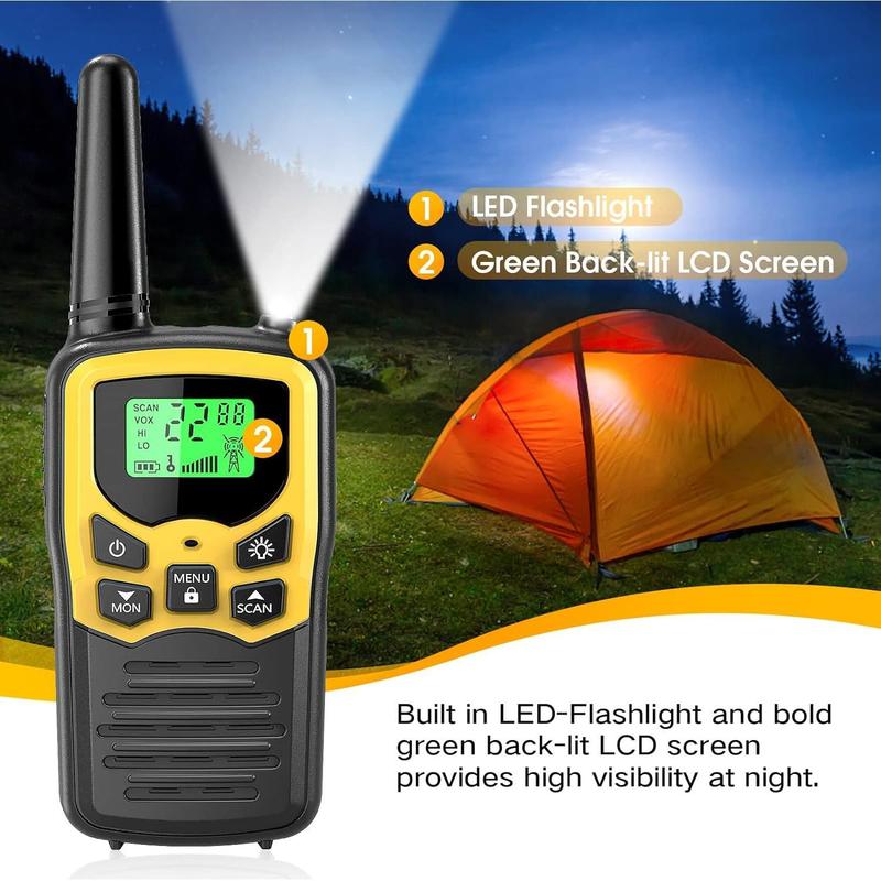 Walkie Talkies with 22 FRS Channels,  Walkie Talkies for Adults with LED Flashlight VOX Scan LCD Display, Long Range Family Walkie Talkie for Hiking Camping Trip (Yellow, 4 Pack)