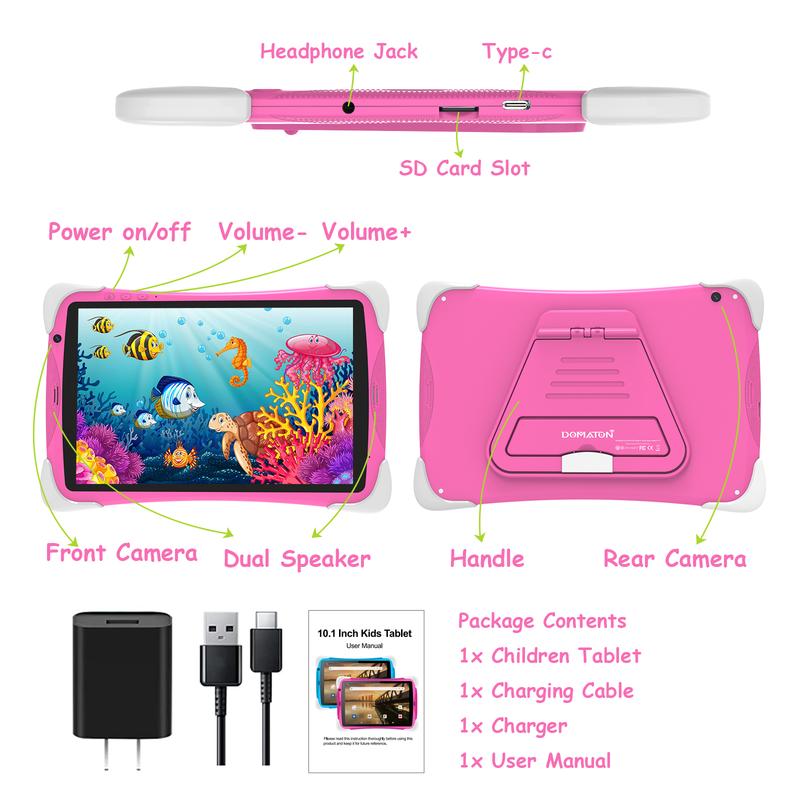 Kids Tablet, 10 Inch Tablet for Kids, 4GB+64GB Android 12, Parental Control, Kid Content Pre-Installed, SD to 128GB, 6000 mAh Battery, Eye Protection Mode, Google Store, with Stand, Pink