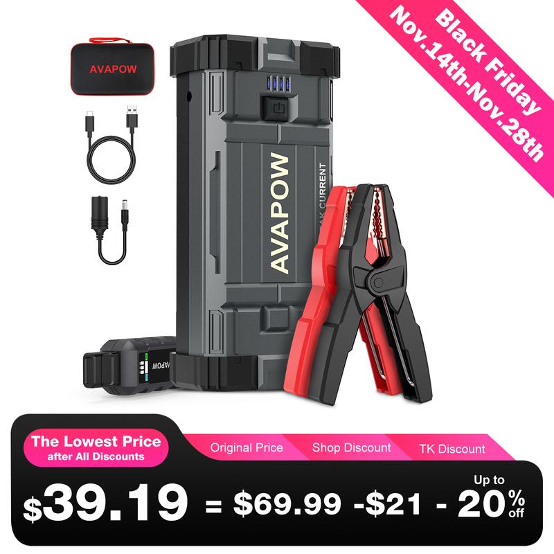 AVAPOW 3000A Peak Jump Starter with Force Start Function, Portable Starters for Up to 8L Gas 8L Diesel Engine with Booster Function,12V Lithium Jump Charger Pack Box Accessories Rechargeable Device Phone Smartphone.Final price depends on payment