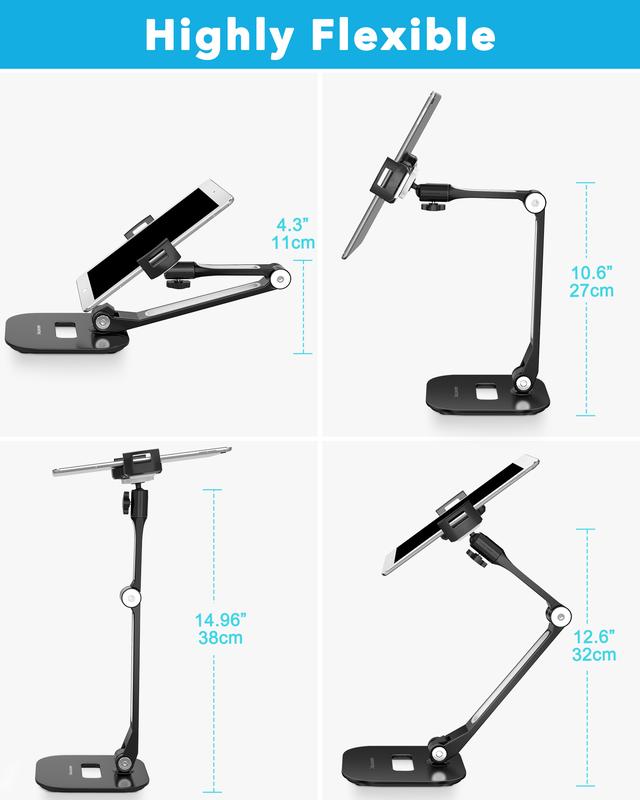 iPad Stand for Desk with Short Arm or Adjustable Stand with 15'' Arm, 360° Swivel iPad Stand Holder Fits 4”-11