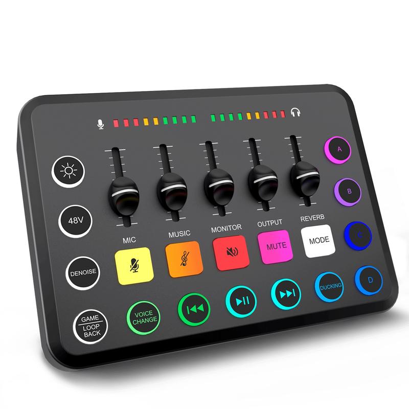 VeGue Gaming Audio Mixer, Streaming RGB PC  Smartphone Mixer with XLR Microphone Interface, Individual Control Volume Fader Mute Button 48V Phantom Power for Podcast Recording Vocal Game Voice, F11