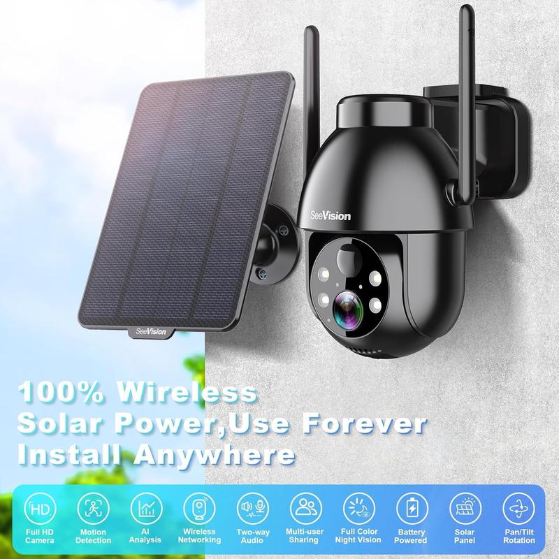 SeeVision C8 WiFi Security Outdoor Solar Wireless Camera For Home with Spotlight, PIR Motion Detection, Color Night Vision, and Two-Way Talk