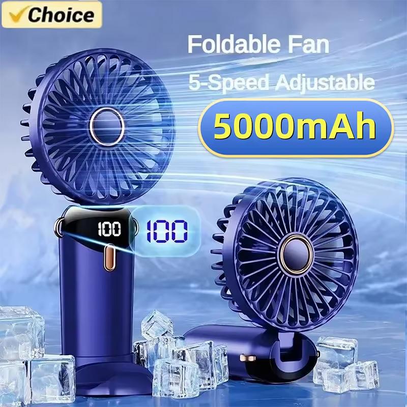 5000mAh Handheld Mini Fan Foldable Portable Neck Hanging Fans 5 Speed USB Rechargeable Fan with Phone Stand and Display Screen Mobile Folding