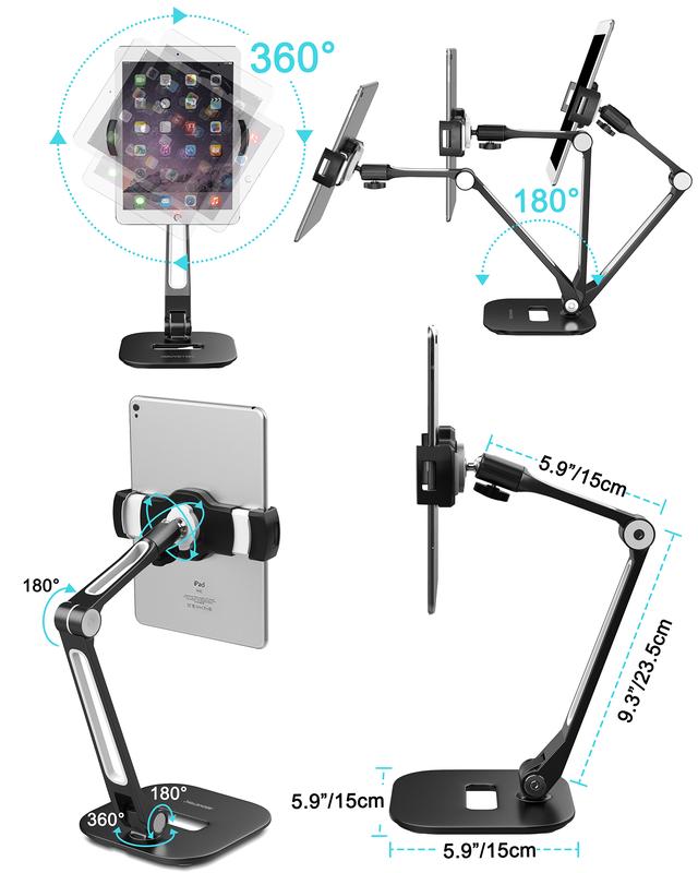 iPad Stand for Desk with Short Arm or Adjustable Stand with 15'' Arm, 360° Swivel iPad Stand Holder Fits 4”-11