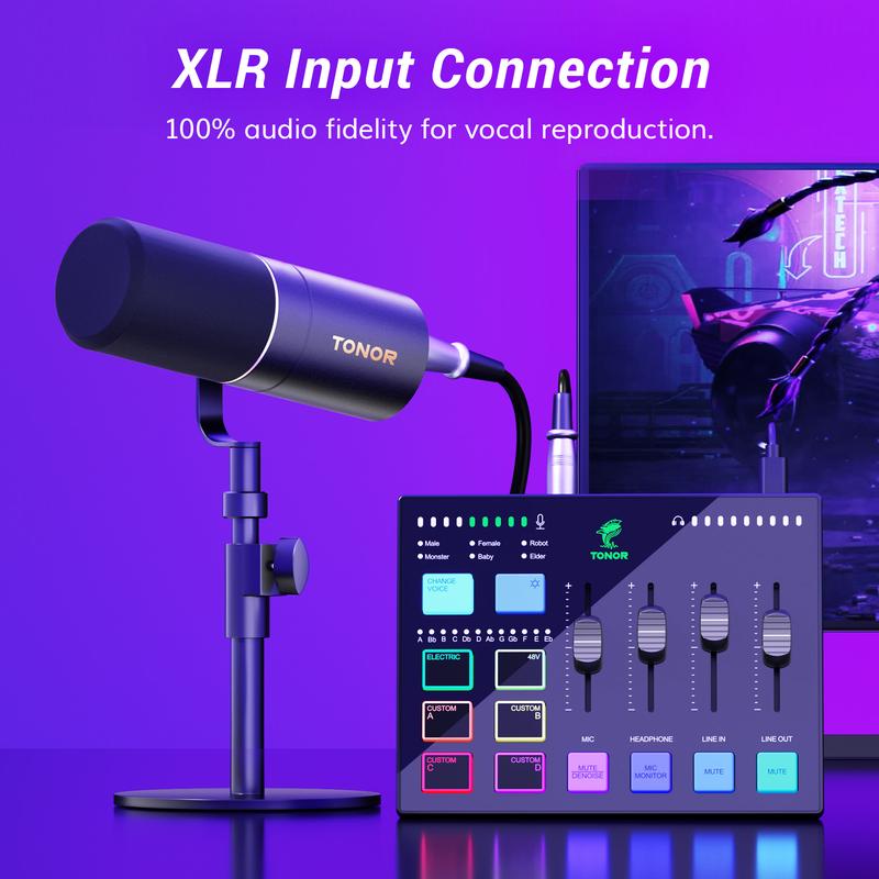 TONOR TX310 Gaming Audio Interface, RGB Audio Mixer with Pro-preamp, 6.5mm and XLR Channel, Support for Instrument Input, Independent Volume Controls, for Gaming, Live Streaming, Content Creating