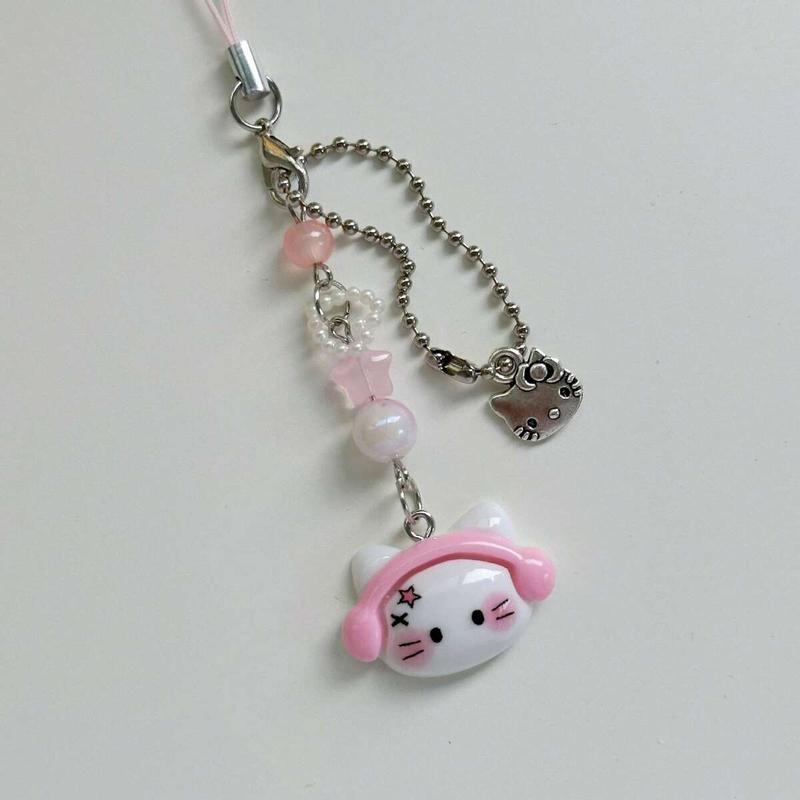 Original Design Pink Earphone Cat Shaped Phone Lanyard, Kawaii Cartoons Cute Handmade Guben Chain, Phone Pendant, Phone Strap