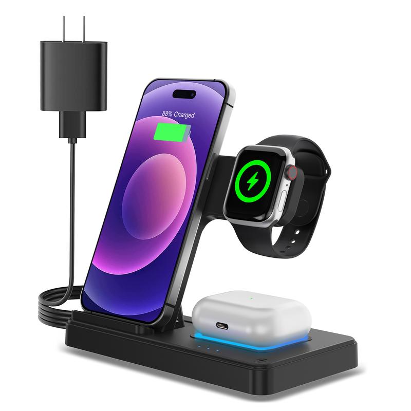 Christmas Gifts 3 in 1 Wireless Charger for iPhone, Magnetic Foldable 3 in 1 Charging Station, Adapter High-Speed Charging，18W Adapter，Travel Charger for Multple Devices for iPhone 16 15 14 13 12, for AirPods 4 3 Pro, for iWatch chargers