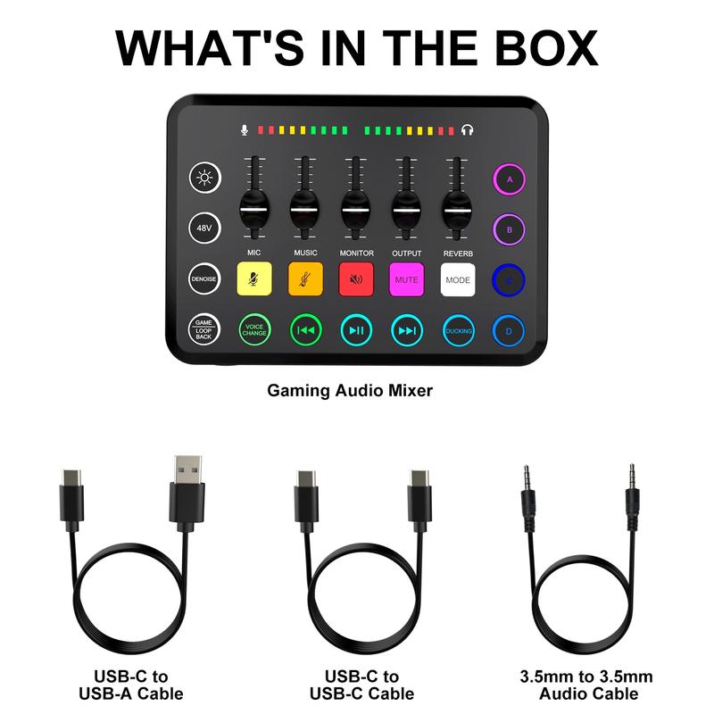 VeGue Gaming Audio Mixer, Streaming RGB PC  Smartphone Mixer with XLR Microphone Interface, Individual Control Volume Fader Mute Button 48V Phantom Power for Podcast Recording Vocal Game Voice, F11