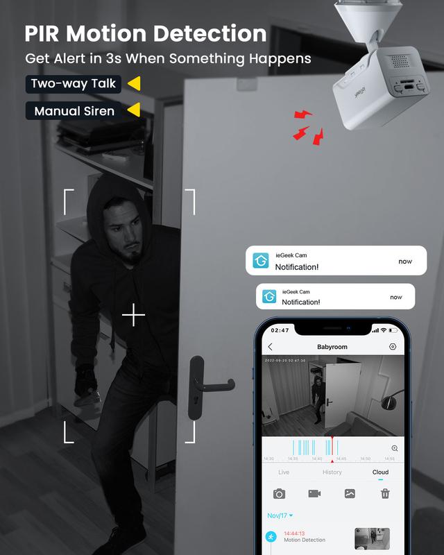 ieGeek Battery Camera Bundle - Mini Security Camera Wireless 1080P Portable Indoor Surveillance Camera Set for Home Security with Human Detection,Two-Way Audio, Siren and APP Alert, Clear Night Vision, Cloud SD, 4-Screen Simultaneous Display WiFi PanTilt