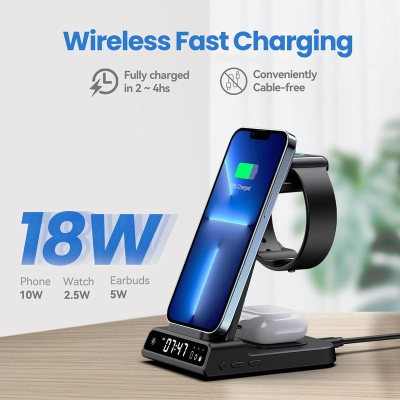 Wireless Charger, 3 in 1 Charging Station for Multiple Devices Apple with Digital Clock for iPhone 15 14 13 12 Pro Max XR AirP od Pro 3 2, Charger Dock for Apple Watch Series 8 7 SE 6 5 4 3 2 1 Led Protection Cellphone Mobile fast charger