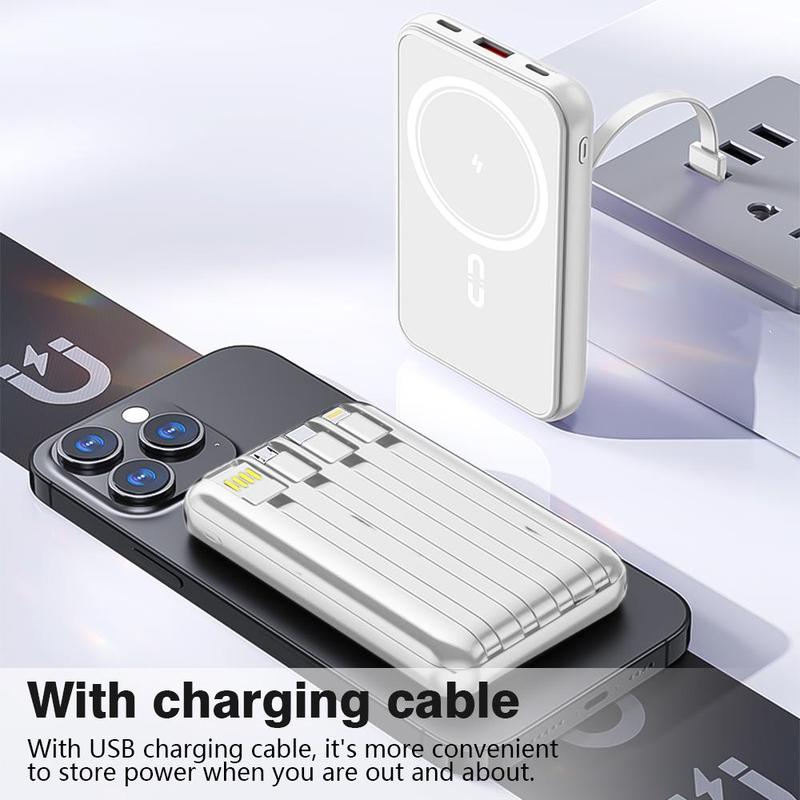 Magnetic Wireless Mobile Charger - 10000mAh Magnetic power supply with 4 built-in cables for iPhone 15 14 13 12 Pro Mini Pro Max