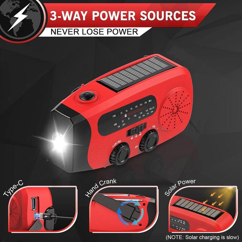 Compact Solar Powered Hand Crank Radio, Chargeable Power Bank Weather Radio with Flashlight for Charging Phones, Portable Charger Radio with LED Lights, Summer Essentials, Audio Product