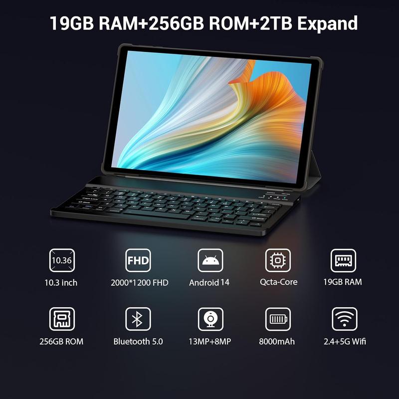 BlackFriday NEW 256GB Storage 10.4 inch Android 14 Tablet with Keyboard and Mouse Tablets, 19GB(8+11)Ram 2TB Expandable, 2000*1200 IPS, Octa-Core Processor, 2.4G 5G WiFi, 8000mAh, Support Face Unlock, GPS Android Big Tablets Bundle-Black