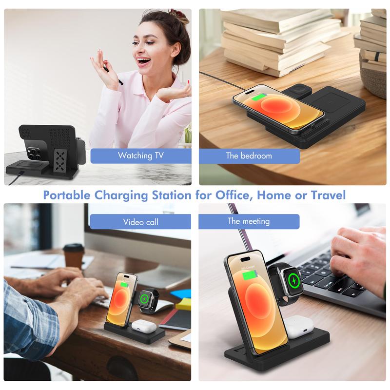 Christmas Gifts 3 in 1 Wireless Charger for iPhone, Magnetic Foldable 3 in 1 Charging Station, Adapter High-Speed Charging，18W Adapter，Travel Charger for Multple Devices for iPhone 16 15 14 13 12, for AirPods 4 3 Pro, for iWatch chargers