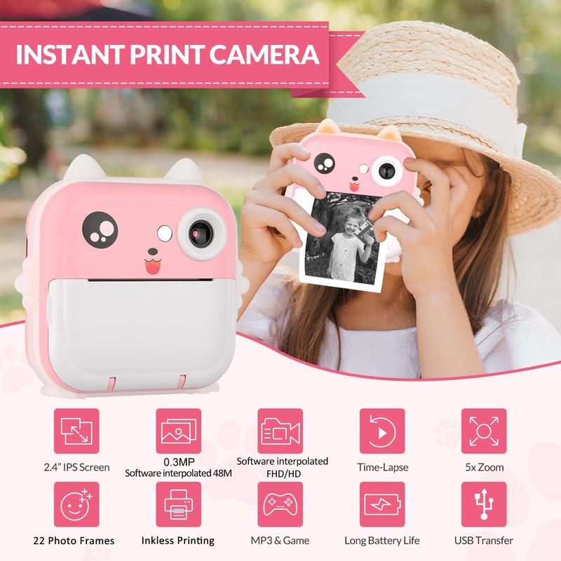 Cartoon Design Instant Print Camera, 1 Set Instant Print Camera with 2 Rolls Print Paper & 5 Counts Colored Pen & 1 Count Sticker, Label Printer for Office Supplies, Photo Camera, Instant Camera