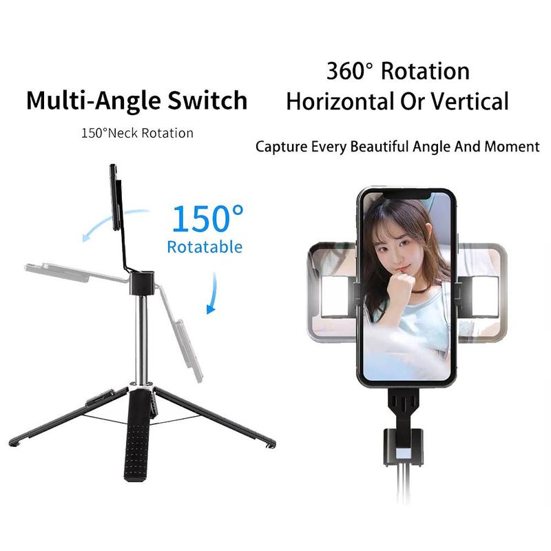 Portable Selfie Stick Tripod, 360° Rotatable Selfie Stick with Remote Control & Fill Light, Phone Tripod Stand for Gopro, iPhone, Samsung, Huawei