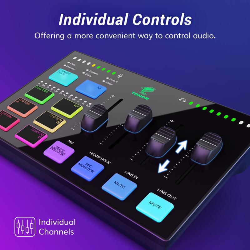 TONOR TX310 Gaming Audio Interface, RGB Audio Mixer with Pro-preamp, 6.5mm and XLR Channel, Support for Instrument Input, Independent Volume Controls, for Gaming, Live Streaming, Content Creating