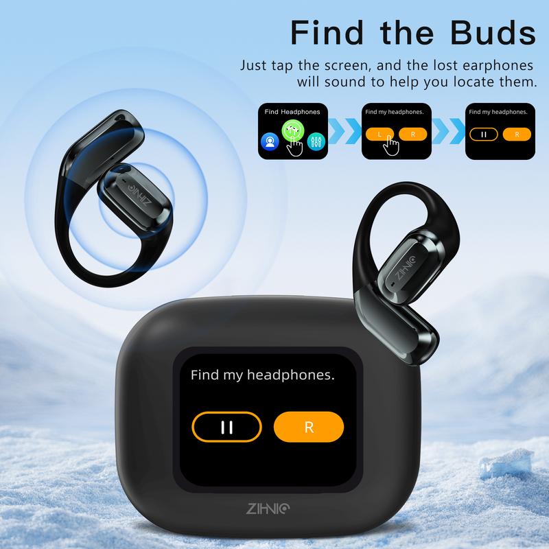 ZIHNIC S18 Earbuds with Smart Touch Screen Case, DIY Wallpaper, LED Display, IPX5 Waterproof, Noise Reduction Wireless Headphones, Bluetooth 5.4 Earphones, 25H Playtime, Adjustable Ear Hooks