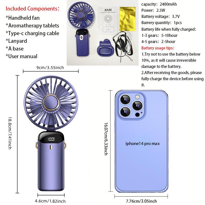 Summer Handheld Fan, Mini USB Foldable Rechargeable Fan with Digital Display, Universal Stocking Stuffers Battery Operated Desk Fan, Cooling Fan, Summer Gift