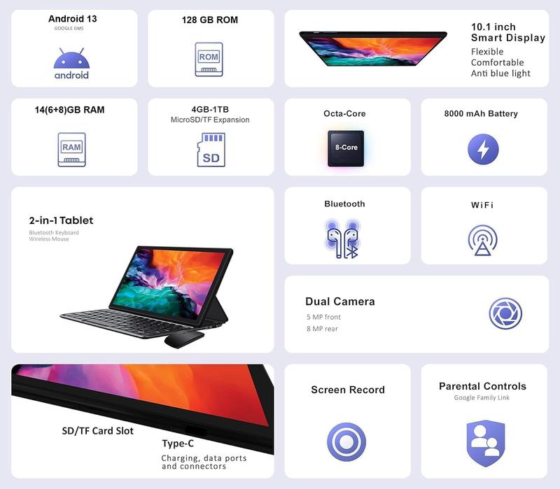 2024 Newest Android 13 Tablet 10 Inch, 5G WiFi Tablet 14GB RAM+128GB ROM(1TB TF), 2 in 1 Tablet with Keyboard Mouse Case Octa-Core 2.0Ghz | 8000mAh | 1080FHD | Bluetooth5.0 | WiFi GPS OTG Type C-Black