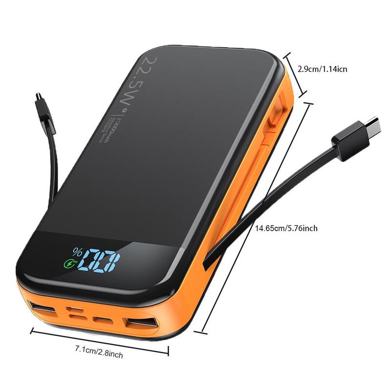 20000mAh Large Capacity Mobile Power Bank, Power Bank with Built-in 2 Cables, USB C-Input Output, PD3.0 QC4.0 22.5W Fast Charging, Suitable for Most Electronic Devices, Smartphone Accessories, Stocking Fillers Gift