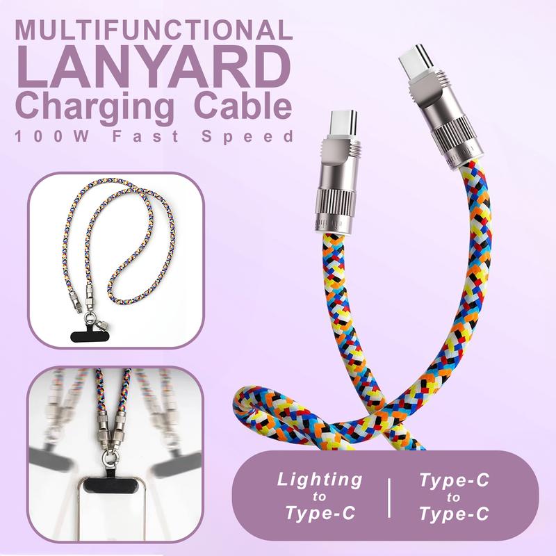 Phone Lanyard Charging Cable Crossbody, 2 in 1 Clip and Go Phone Strap - 100W Fast Charging Universal Type-C or LIghtning, 4FT Braided Cable, Alloy Buckle, Compatible with iPhone, iPad, Samsung, Laptops and Gaming Consoles fast charge