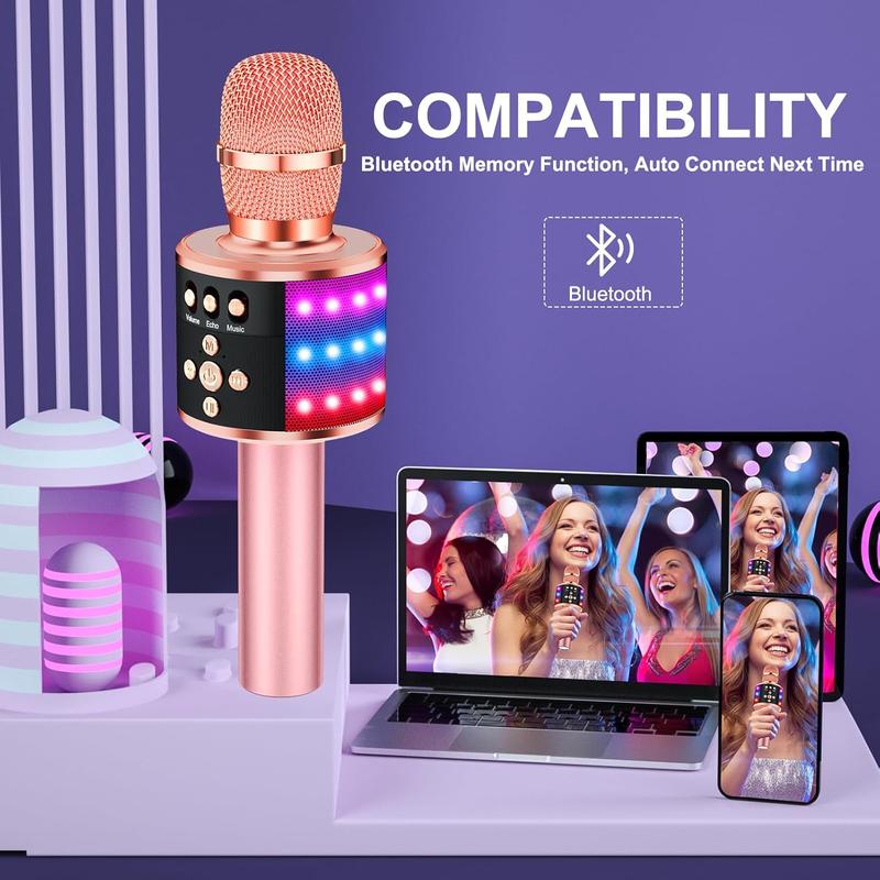 Bluetooth Wireless Karaoke Microphone with LED Lights,4-in-1 Portable Handheld Mic with Speaker Karaoke Player for Singing Home Party Toys Birthday Gift for Kids Adults Girls Q78(Rose Gold)