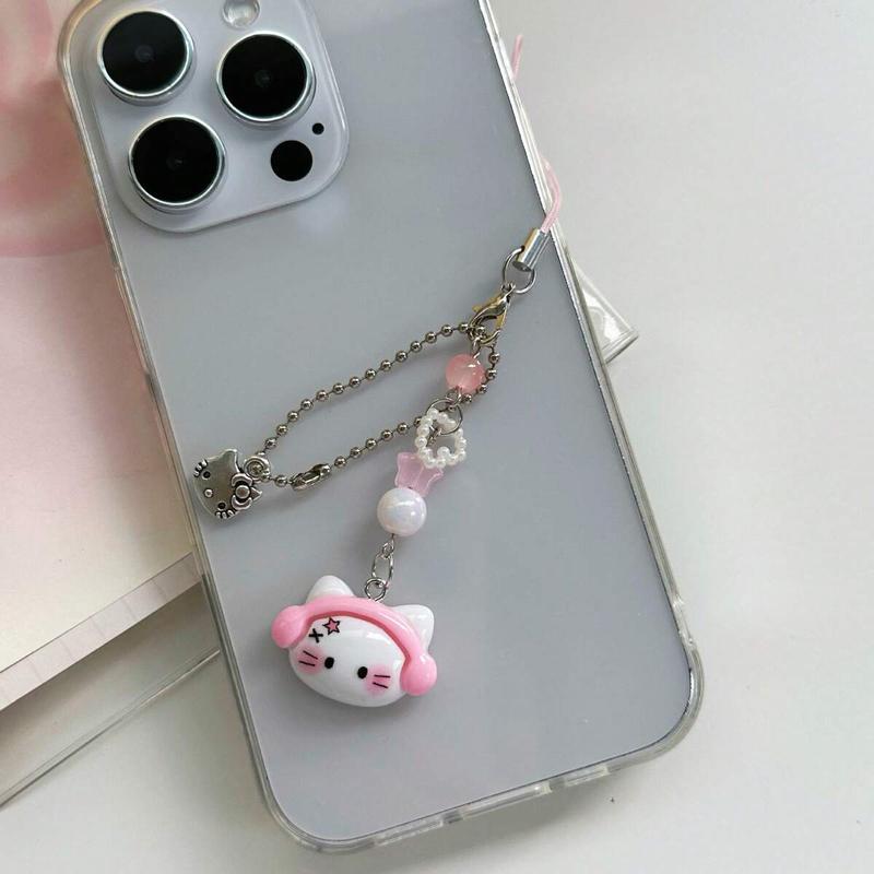 Original Design Pink Earphone Cat Shaped Phone Lanyard, Kawaii Cartoons Cute Handmade Guben Chain, Phone Pendant, Phone Strap