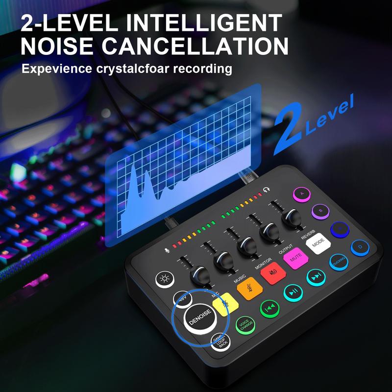 VeGue Gaming Audio Mixer, Streaming RGB PC  Smartphone Mixer with XLR Microphone Interface, Individual Control Volume Fader Mute Button 48V Phantom Power for Podcast Recording Vocal Game Voice, F11