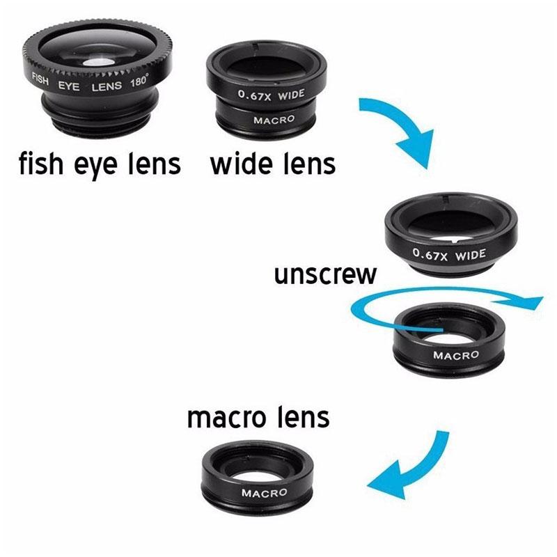 1 Set 3In1 Mobile Phone Fish Eye+Wide Angle+Macro Lightweight Camera Lens For Universal Cell Phone