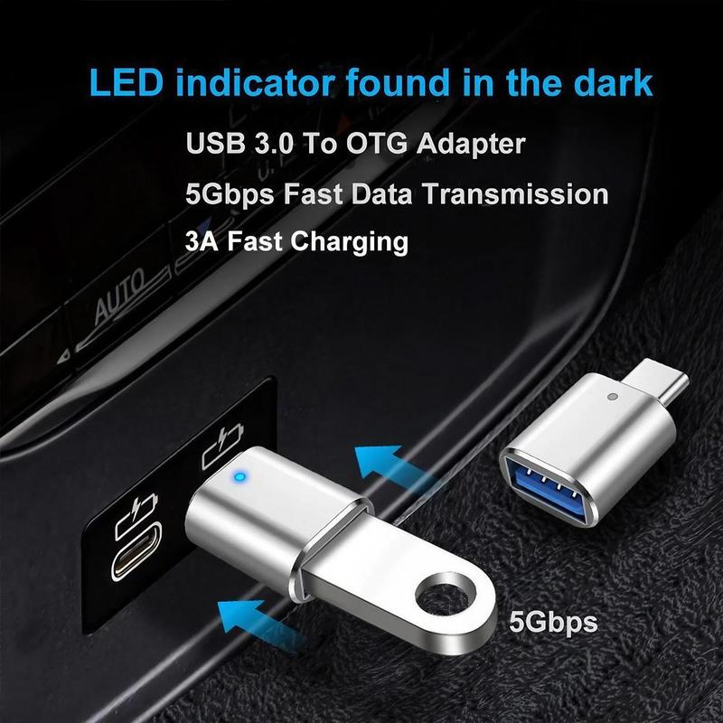 USB C to USB OTG Adapter, USB C Male to USB A 3.0 Female Converter with LED Indicator Light, Phone Accessories for Home Office