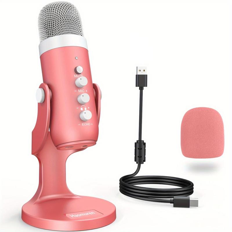 HAOMUREN USB Gaming Condenser Microphone, Microphones for iPhone, Condenser Gaming Condenser Mic Set with Gain-Knob, Press to Mute, Monitor Volume Echo Adjustment for Phone Laptop PC PS4 5 Computer, Come with Stand Base