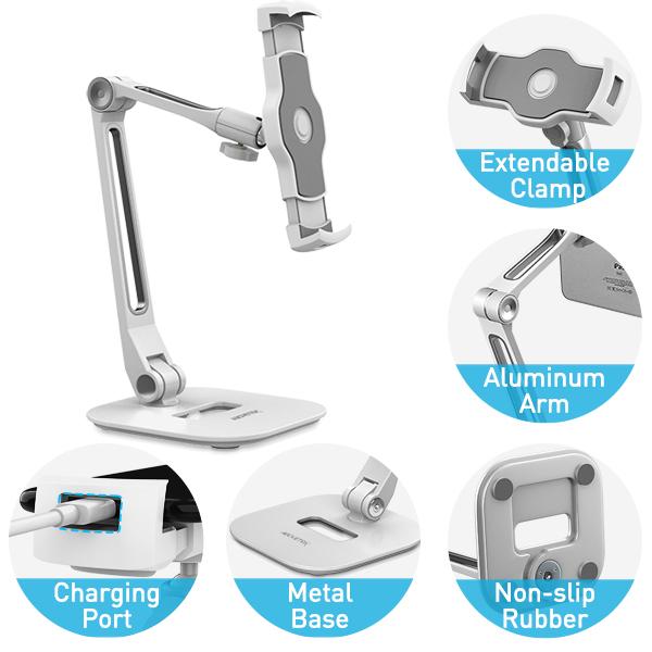 iPad Stand for Desk with Short Arm or Adjustable Stand with 15'' Arm, 360° Swivel iPad Stand Holder Fits 4”-11