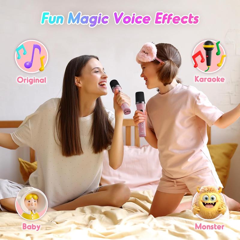 Mini Karaoke Machine with 2 Wireless Microphones, Portable Bluetooth Speaker for Kids Adults with Colorful LED Lights, Toy Gifts for Toddler Girls and Boys Age 4 5 6 7 8 9 10 12 Home Party Pink