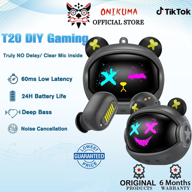 (Special Warranty Free 14-Day Trial)ONIKUMA T20 Cool DIY Bluetooth Earphones Gaming Earbuds With Gaming Mode Headphones Wireless with NO Delay Clear Mic and Microphone Deep Bass and Professional Noise Cancelling Headset