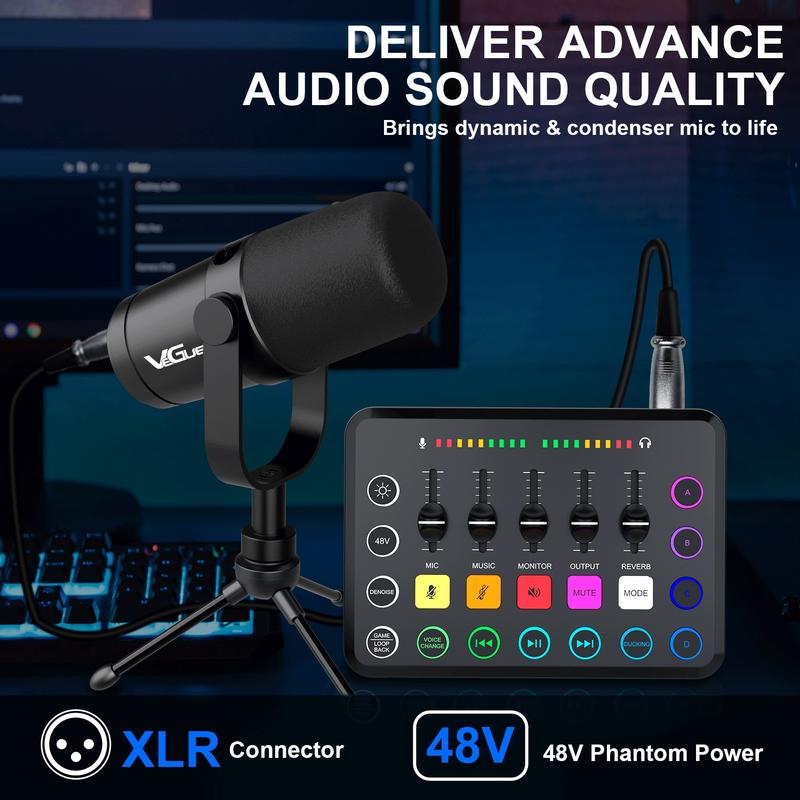 VeGue Gaming Audio Mixer, Streaming RGB PC  Smartphone Mixer with XLR Microphone Interface, Individual Control Volume Fader Mute Button 48V Phantom Power for Podcast Recording Vocal Game Voice, F11