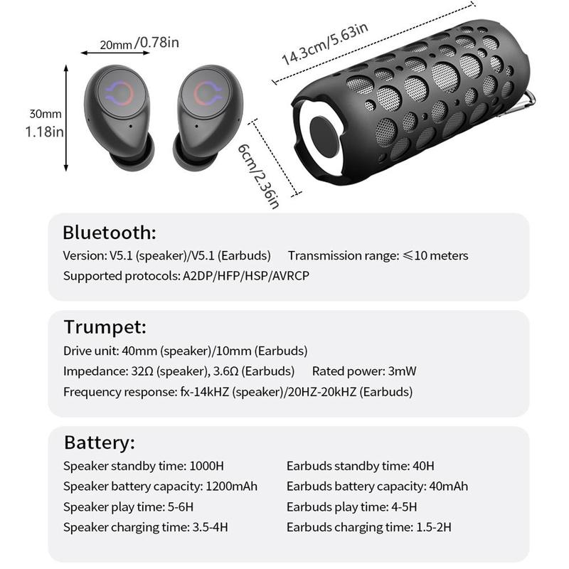 2 in 1 Portable Wireless Speaker with TWS Wireless Earbuds, Rechargeable Wireless Speaker with Colorful Lights, Suitable for Outdoor Sports, Music, Games