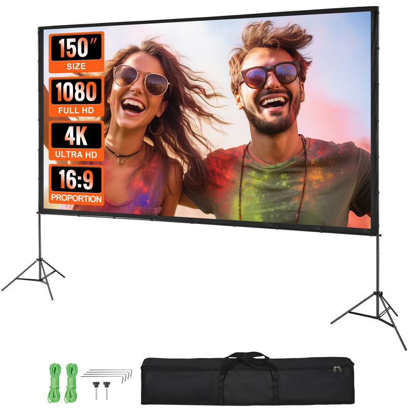 VEVOR Projector Screen with Stand, 150 inch 16:9 4K 1080 HD Outdoor Movie Screen with Stand, Wrinkle-Free Projection Screen with Tripods and Carry Bag, for Home Theater Cinema Backyard Movie Night Accessories Portable