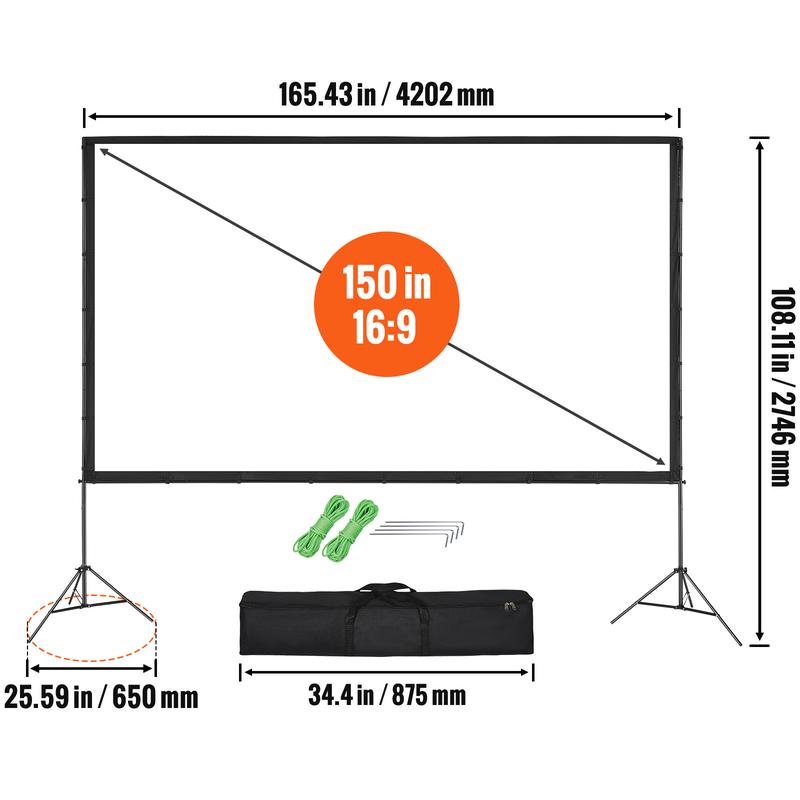 VEVOR Projector Screen with Stand, 150 inch 16:9 4K 1080 HD Outdoor Movie Screen with Stand, Wrinkle-Free Projection Screen with Tripods and Carry Bag, for Home Theater Cinema Backyard Movie Night Accessories Portable