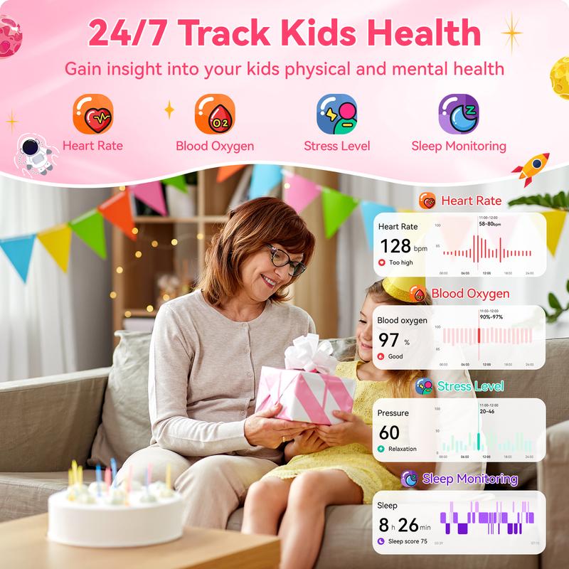 Smart Watch for Kids with Sleep Tracking Games Alarm IP68 Waterproof Step Calorie Pedometer Fitness Watch, Compatible with iOS & Android, Ideal Christmas Birthday Gifts for Aged 4-16 with Wearable Touch Screen