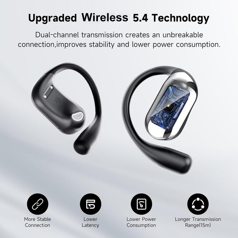 Open earphones Bluetooth 5.4 with built-in microphone for 50 hours, LED display, waterproof running earphones, truly wireless audio earphones ergonomic design