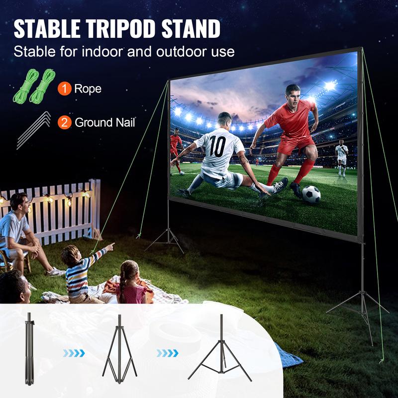 VEVOR Projector Screen with Stand, 150 inch 16:9 4K 1080 HD Outdoor Movie Screen with Stand, Wrinkle-Free Projection Screen with Tripods and Carry Bag, for Home Theater Cinema Backyard Movie Night Accessories Portable