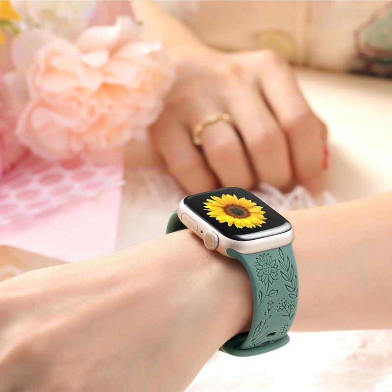 Personalized Floral Engraved Bands for Women, Wearable Accessories Compatible with Watch Band 38mm to 49mm, Soft Silicone Sport Strap for iWatch Bands Series Ultra Ultra 2 SE 9 8 7 6 5 4 3 2 1, Wearable Accessories