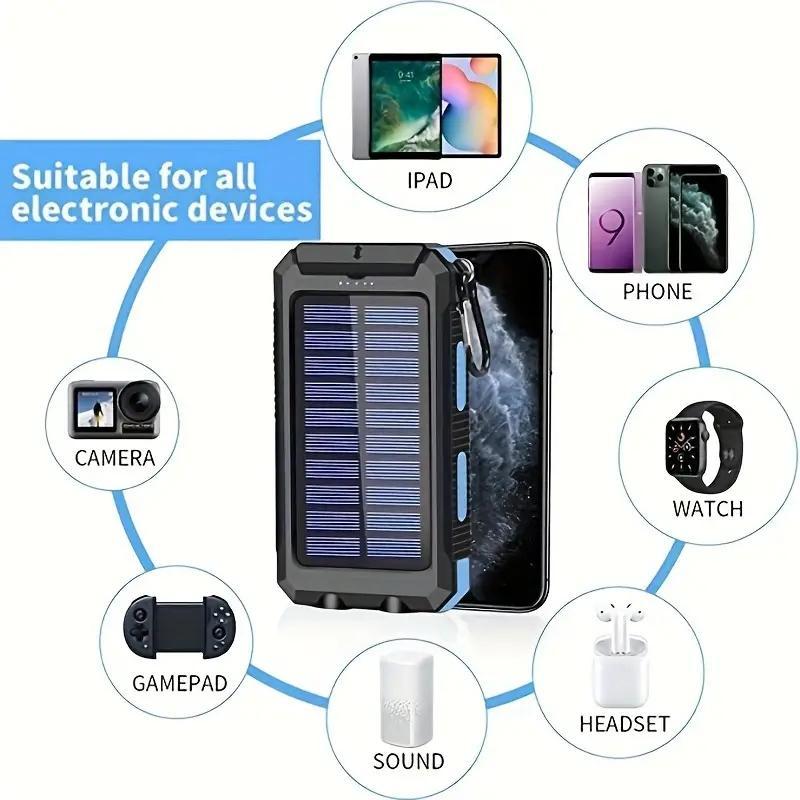 Solar Powered Power Bank, 10000mAh 2 USB Ports Portable Charger with LED Flashlight & Compass, Waterproof Phone Charger for iPhone, Samsung, Android