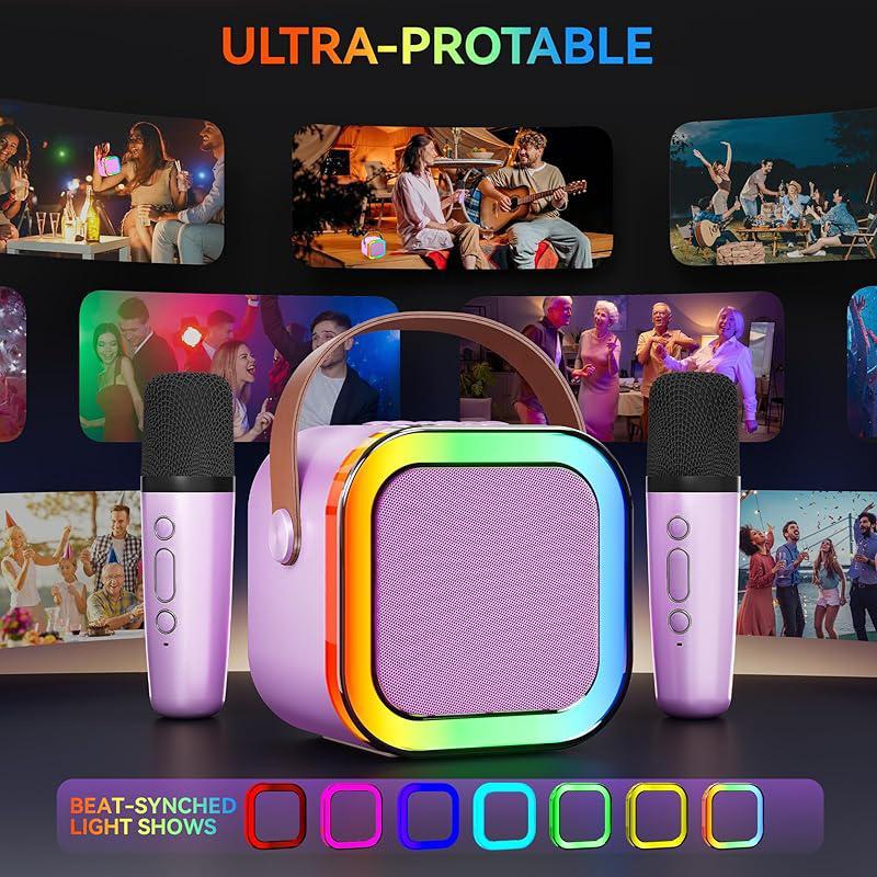 Portable Wireless Audio Speaker with Microphone, Rechargeable Wireless Karaoke Speaker with Handle, Colorful Light LED USB Speaker for Home Party