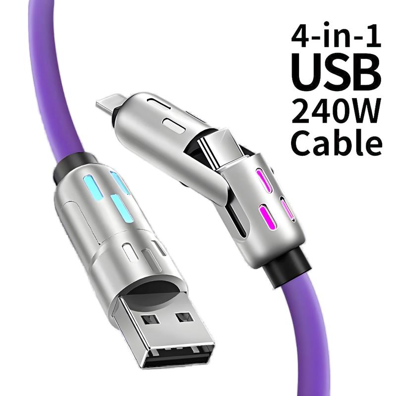 4-in-1 USB Charging Cable, fastcharging cable MAX 240W USB A+ TYPE C + Lightning Multi national aluminum alloy cable management 240W suitable for iPhone 15 14 Samsung Galaxy, Android Phones & Tablets iPad Pro Smartphone Cellphone Mobile Electronic