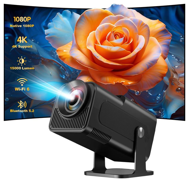 Smart Projector, 1080P WiFi 6 BT Native Mini Projector, 15000 Lumen Android 11.0 OS Projector with 270° Adjustable Stand, Portable Outdoor Movie Projector