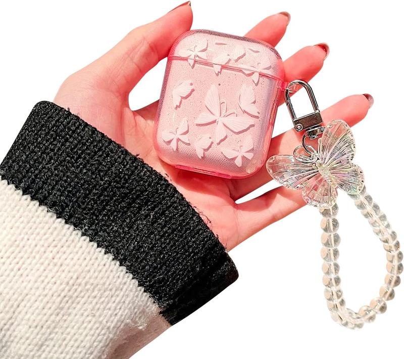 Compatible for AirPods Case, Cute  Rose Pattern Clear Soft TPU Shockproof Cover Case Glitter with Keychain for Women Girls for Airpods 2&1-Pink Butterfly