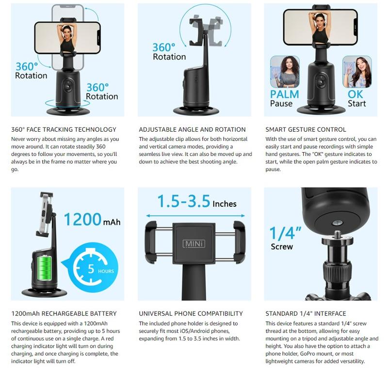 1 Count 360° Rotatable Automatic Face Tracking Gimbal Stabilizer Portable Video Recording Tool With Button For Mobile Phone Cameras, Mobile Phone Stands, Mobile Phone Accessories, Vlogging Equipment Selfie Smartphone Cellphone,Easy To Mount,Tripod